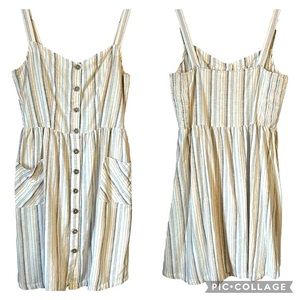 Fat Face cotton/linen muted stripe pinafore dress, button down front siz…